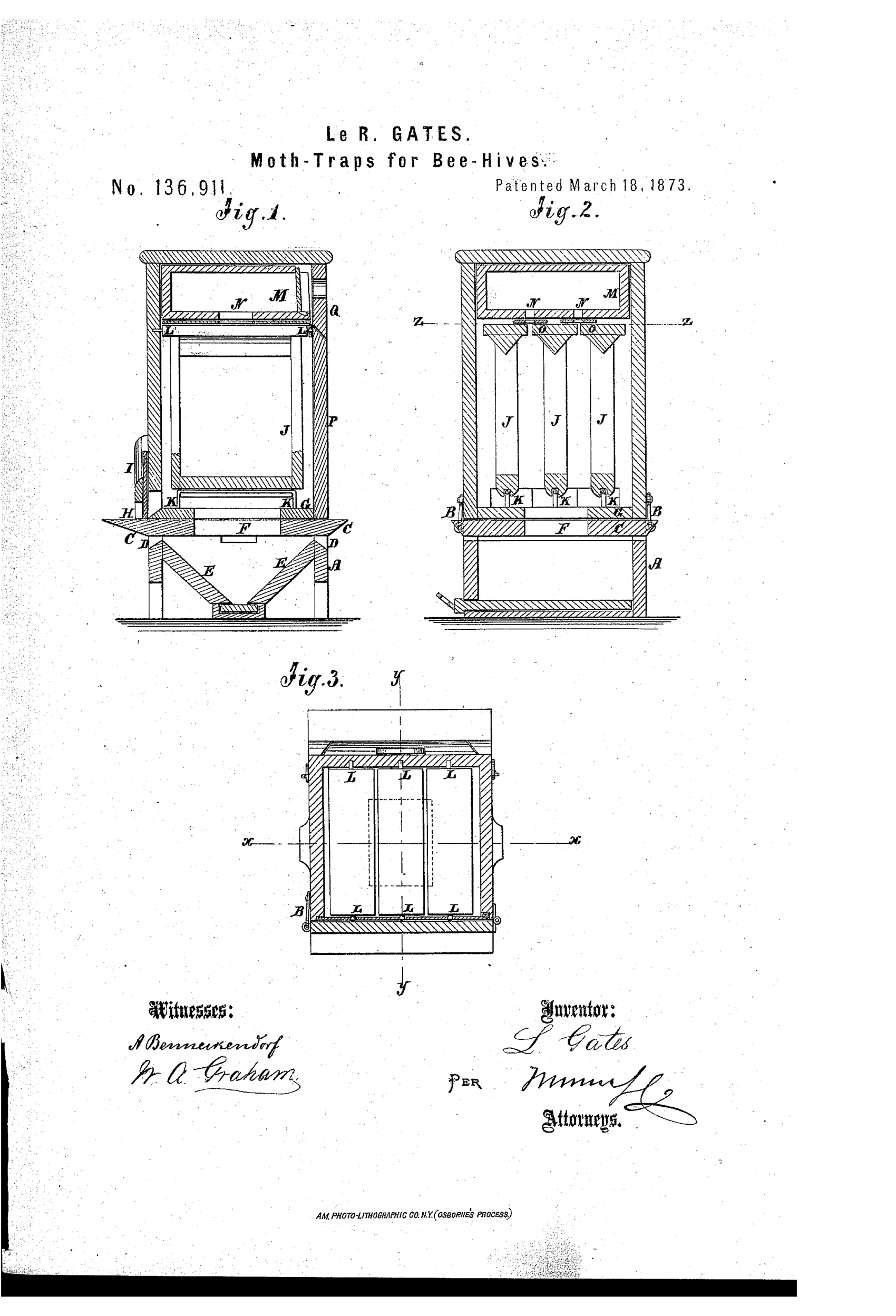 Patent drawing showing three views of a wooden bee hive with a moth trap base: a front vertical section (Fig. 1), a side vertical section with hanging comb-frames (Fig. 2), and a horizontal top-down section showing frame slots (Fig. 3), all labeled with reference letters A through Z.