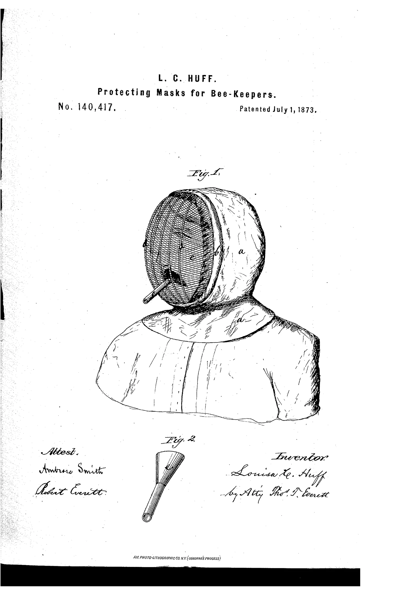 Line drawing of a person's head and shoulders wearing a woolen hood with a wire-supported gauze face screen and a small mouth tube, labeled with parts a, b, c, d; below it a separate small tapered tube is shown as Fig. 2.