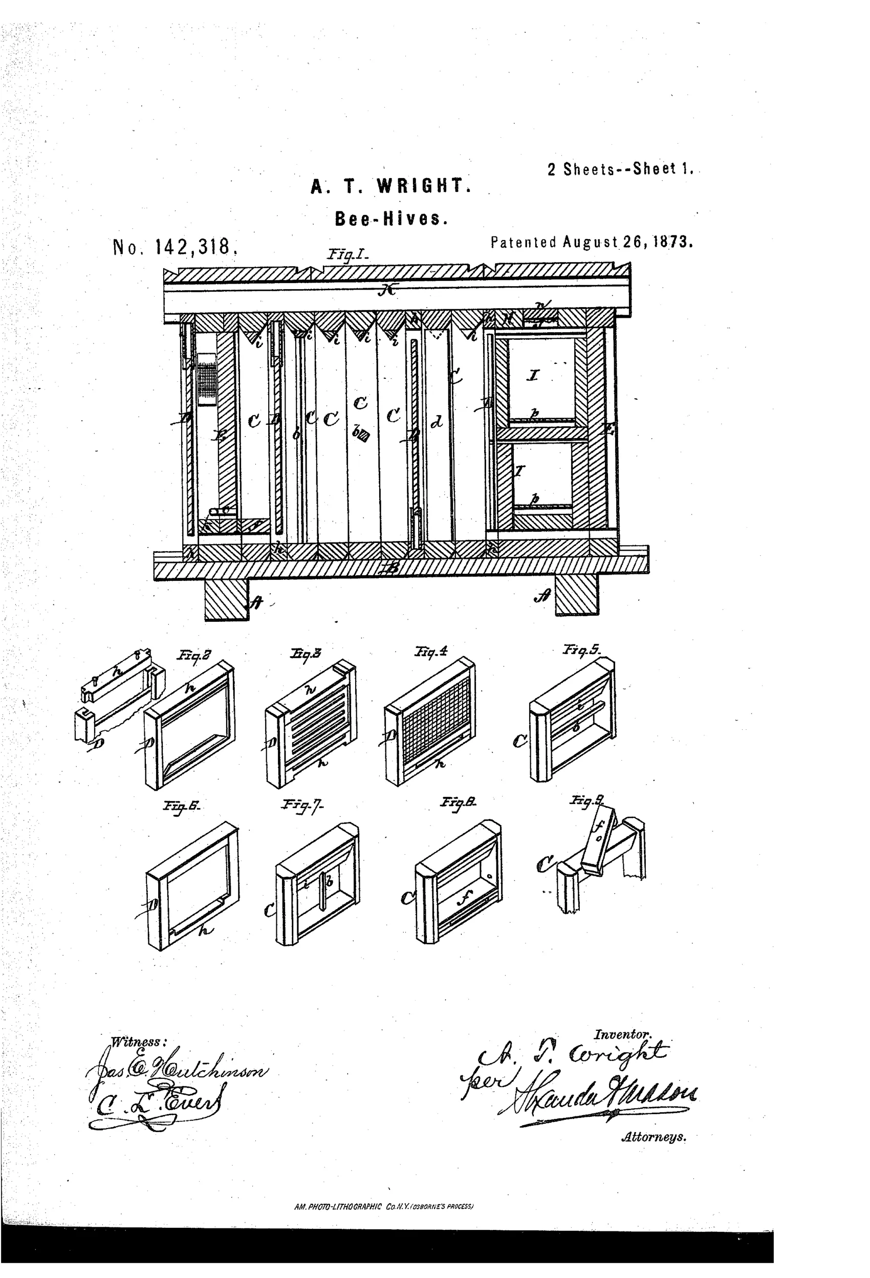 Patent drawing sheet showing a sectioned bee-hive with beveled comb-frames, reversible bars, screens, and a feed-box frame, plus isometric detail views of individual hive components labeled Fig.1 through Fig.19.
