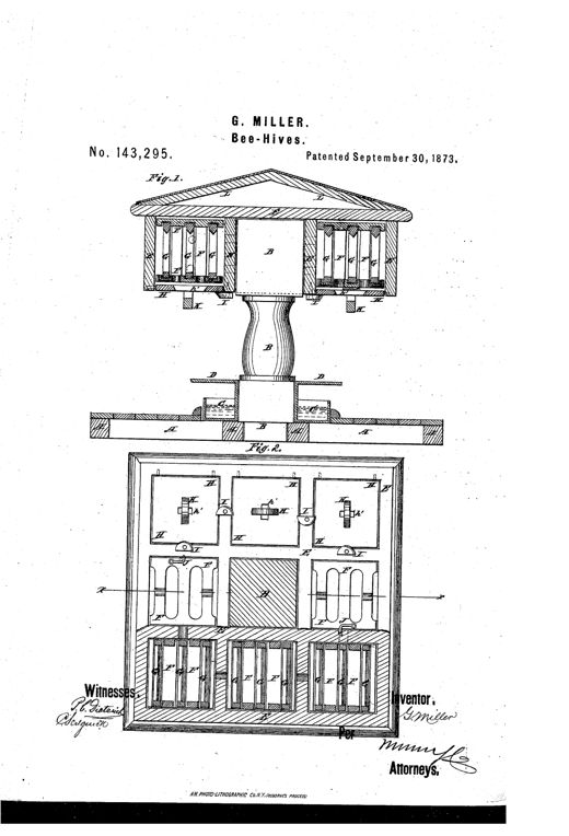 Patent drawing of a post-mounted 'cottage' beehive: Fig. 1 shows a vertical cross-section with a gabled roof, multi-cell chamber holding removable frames, a carved central post, and a base with a surrounding water trough; Fig. 2 shows the underside of the upper chamber divided into nine cells with frames, plates, and hooks.