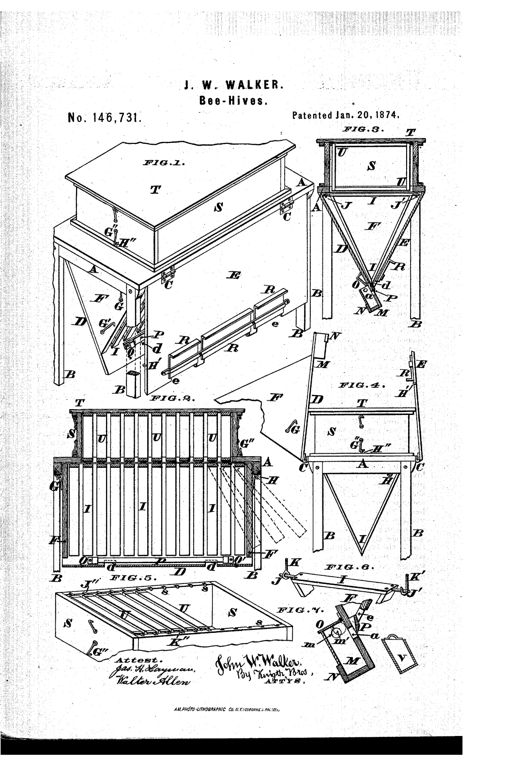 Patent drawing sheet showing a wooden triangular-prism bee-hive in perspective and sectional views, with labeled parts including the brood-chamber sides D and E, swinging triangular comb-frames I on pivots J and J', a surplus honey box S with frames U on top, and a small moth-trap M with glass panel N mounted beneath the hive's sloped bottom.