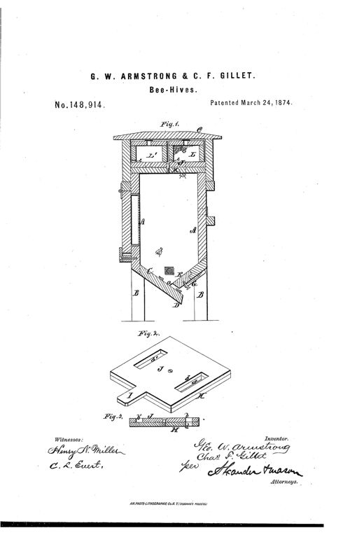 A patent drawing showing a cross-section of a square wooden bee-hive on four legs with an inclined bottom forming an alighting board, two honey boxes labeled L and L' on top under a peaked cap, and below it a perspective and side view of the rotating slotted top boards H and J with handle I.