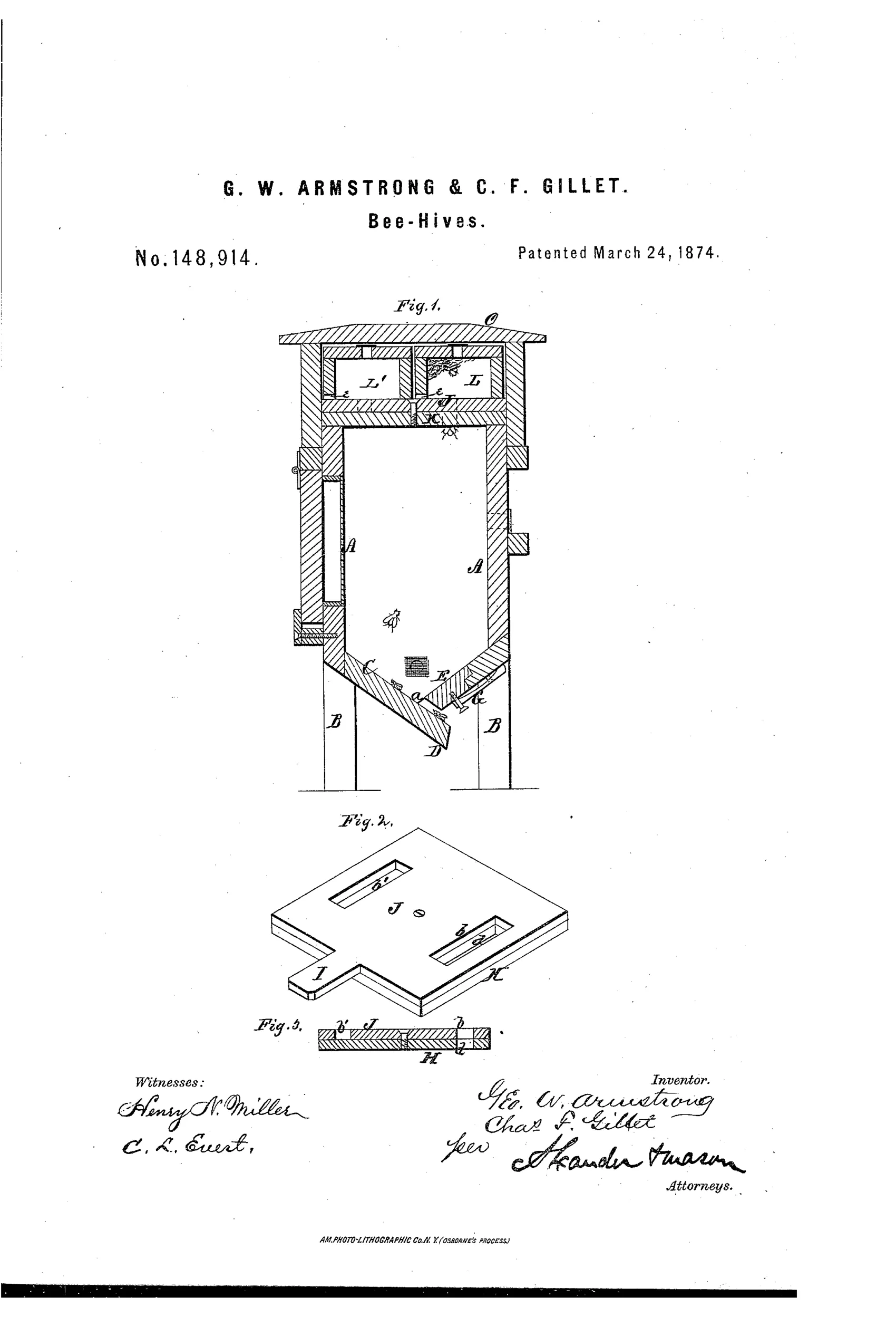 A patent drawing showing a cross-section of a square wooden bee-hive on four legs with an inclined bottom forming an alighting board, two honey boxes labeled L and L' on top under a peaked cap, and below it a perspective and side view of the rotating slotted top boards H and J with handle I.