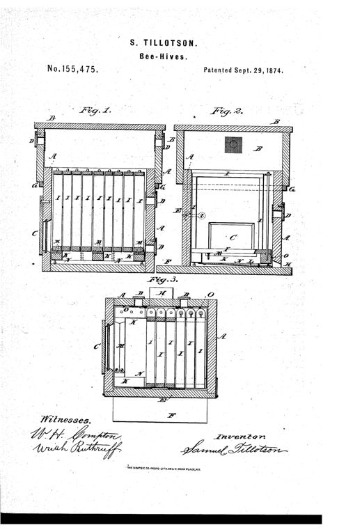 Patent drawing of a wooden bee-hive box shown in three views, revealing rows of vertical honey-frames held by a hinged three-part frame with support brackets, a side window, and a bottom platform for bee entry.