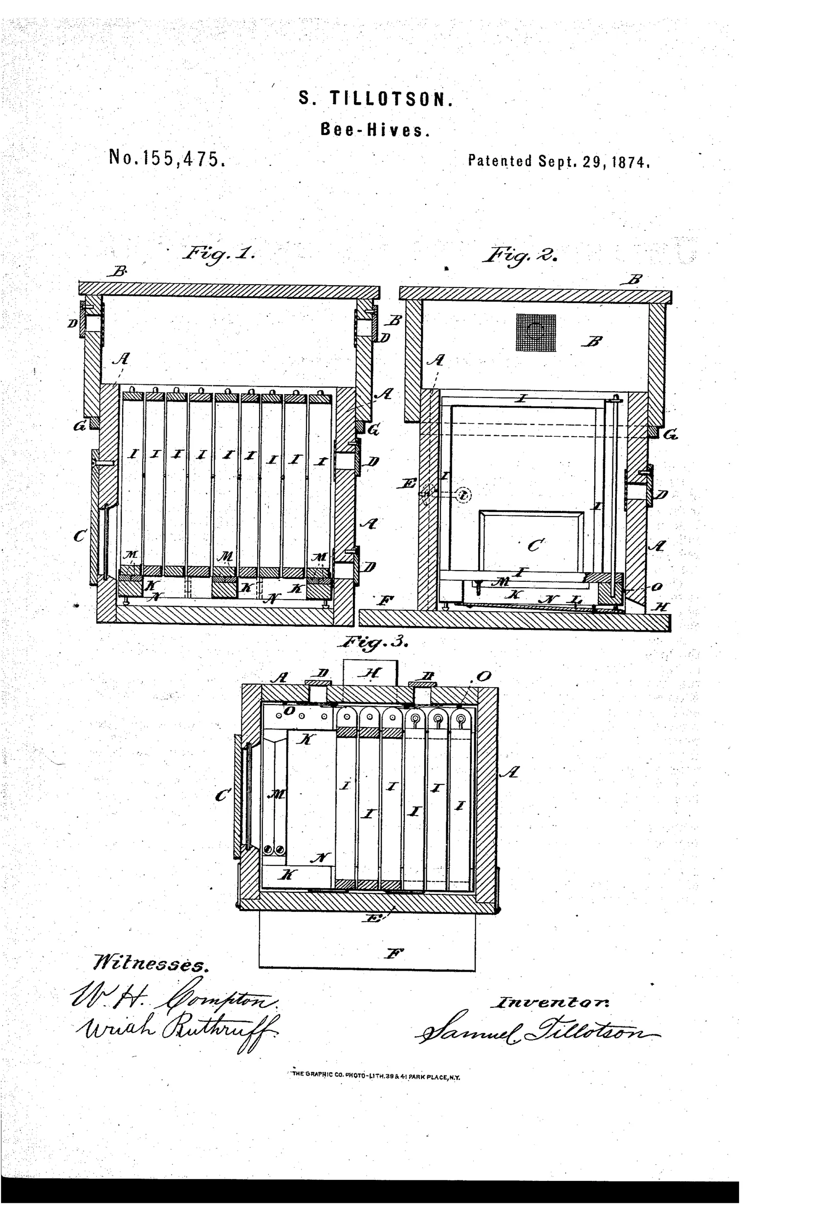 Patent drawing of a wooden bee-hive box shown in three views, revealing rows of vertical honey-frames held by a hinged three-part frame with support brackets, a side window, and a bottom platform for bee entry.