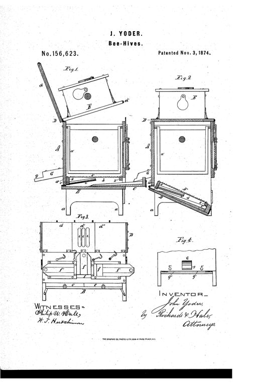 Patent drawing of a wooden bee-hive box on legs with a hinged screened bottom, sliding drawers, a detachable honey-box on top with wire-covered openings, and a front view showing hinged lid sections raised to screen the beekeeper.