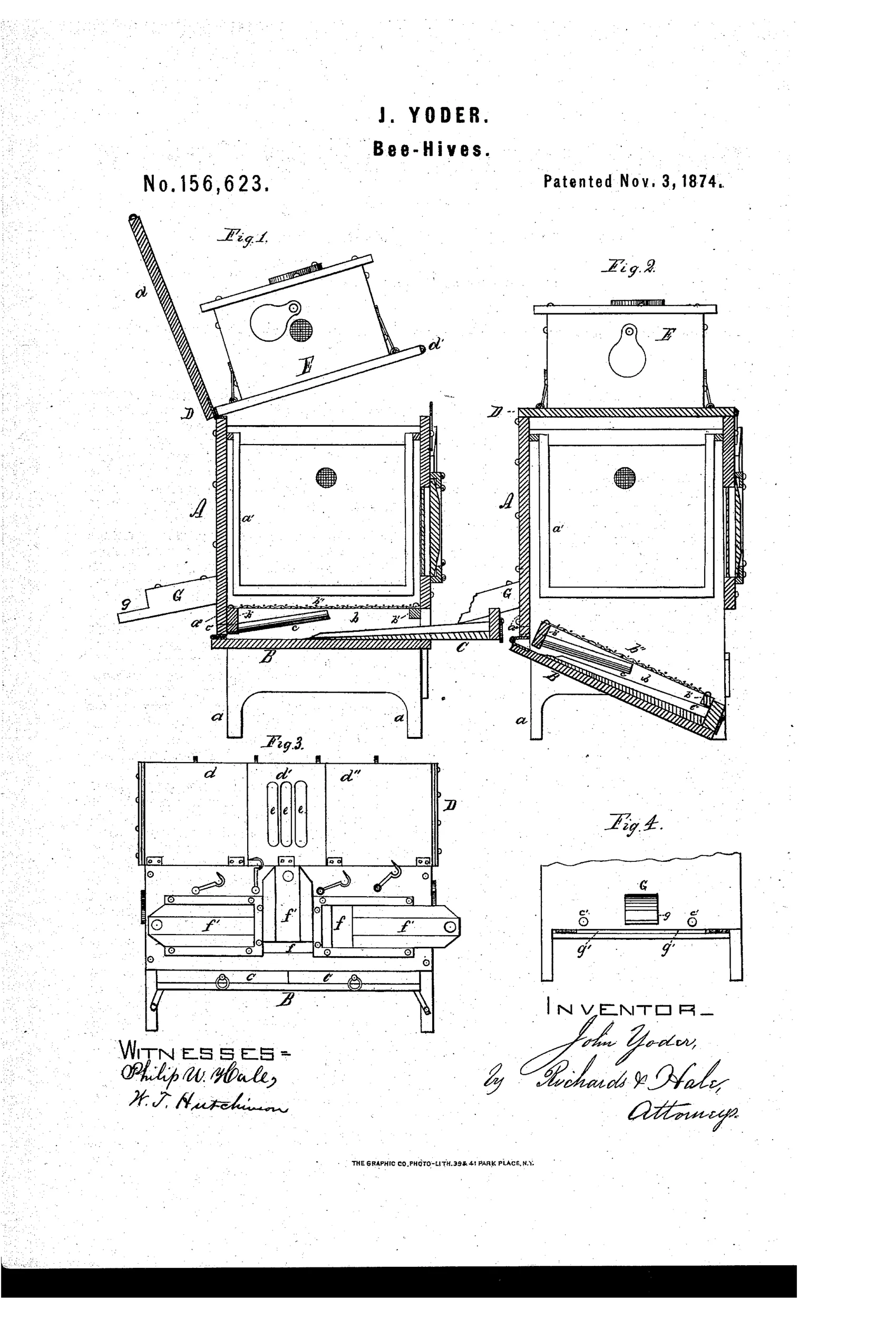 Patent drawing of a wooden bee-hive box on legs with a hinged screened bottom, sliding drawers, a detachable honey-box on top with wire-covered openings, and a front view showing hinged lid sections raised to screen the beekeeper.