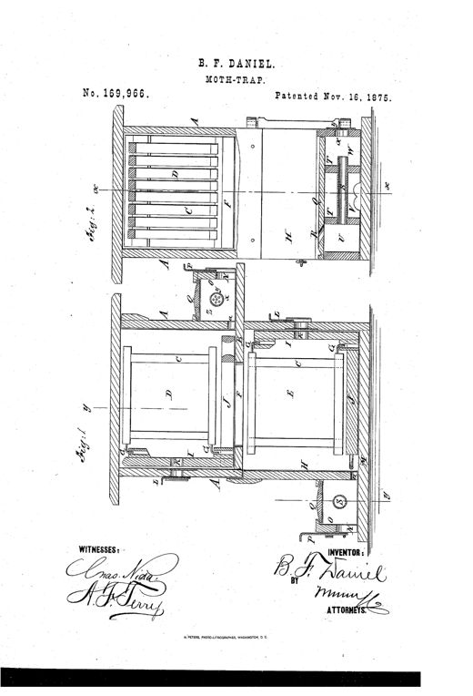 Two stacked cross-section drawings of a wooden bee-hive box showing internal partitions, honey-frames labeled C and D, sliding doors, and a separate moth-trap chamber with labeled compartments U, V, W and connecting tube S, with hand-signed inventor and witness signatures below.