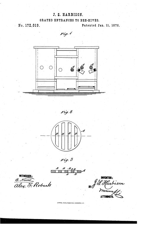 Patent drawing of a wooden beehive with two grated entrance plates (Fig. 1), a circular passage plate with four elongated slots labeled B (Fig. 2), and a cross-section strip showing rounded slot edges labeled D (Fig. 3).