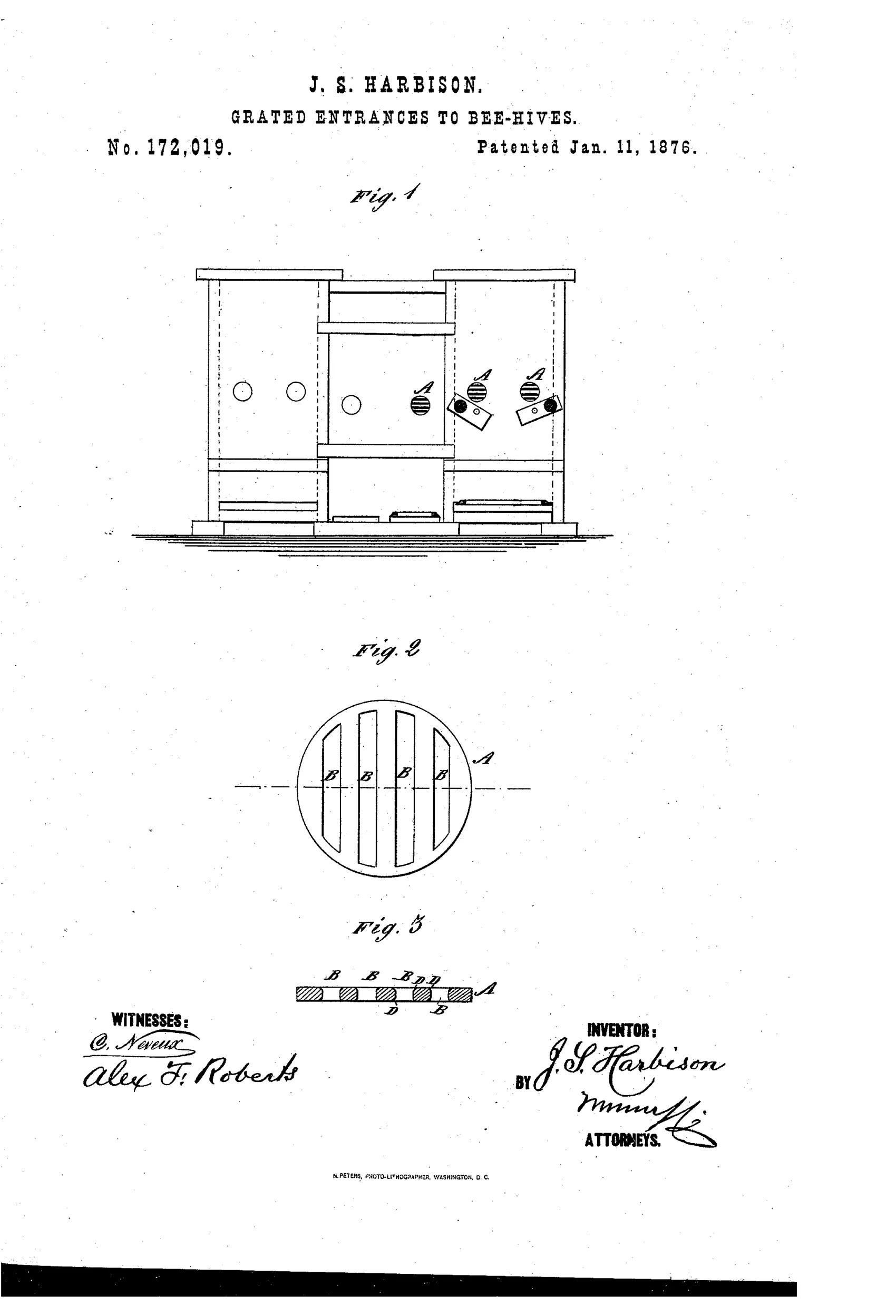 Patent drawing of a wooden beehive with two grated entrance plates (Fig. 1), a circular passage plate with four elongated slots labeled B (Fig. 2), and a cross-section strip showing rounded slot edges labeled D (Fig. 3).