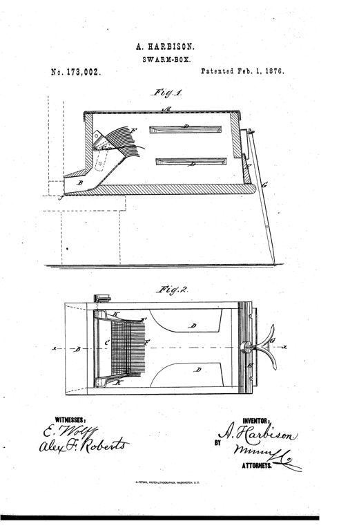 Patent drawing of a wooden swarm box with a wire-mesh top, an angled entrance tube fitted with wire pickets and a hinged door, internal shelves for bees to cluster, and a slip-door at the far end, shown in side elevation and horizontal section views.
