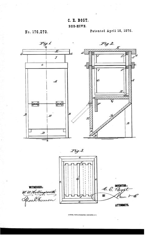 Patent drawing of a wooden bee-hive showing a front elevation with hinged door and legs, a cross-section revealing internal honey frames and an inclined bee-landing board, and a top plan view with the cover removed exposing rows of frames.