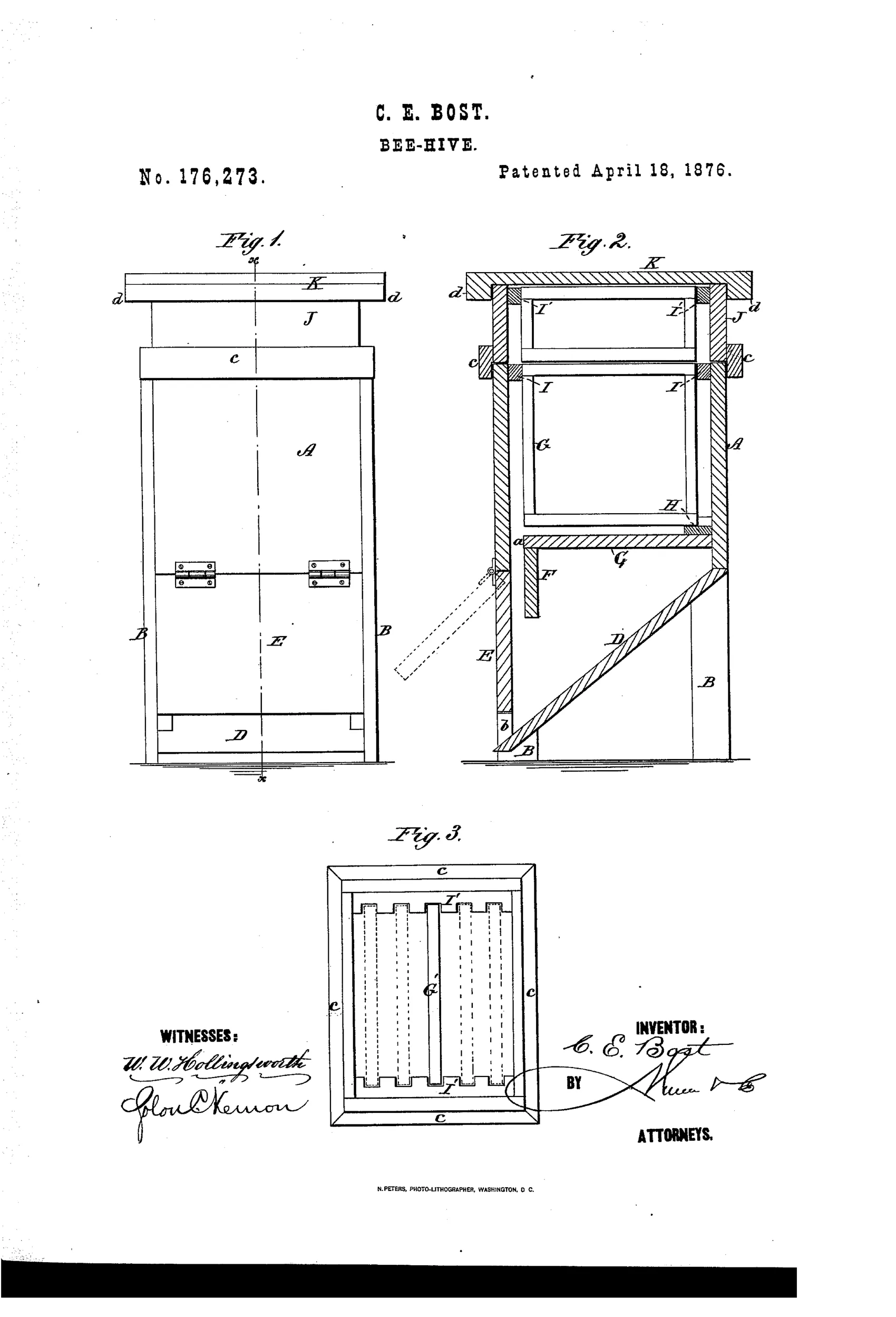 Patent drawing of a wooden bee-hive showing a front elevation with hinged door and legs, a cross-section revealing internal honey frames and an inclined bee-landing board, and a top plan view with the cover removed exposing rows of frames.