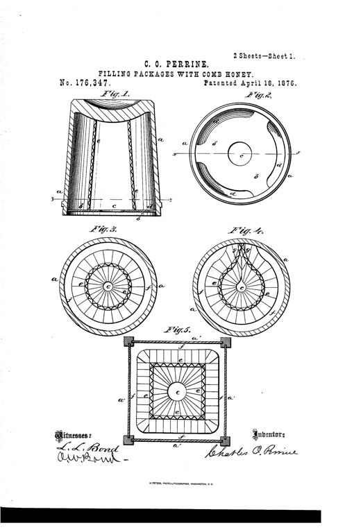 Patent drawing of a tapered glass tumbler package with a central comb-foundation strip and surrounding hexagonal honeycomb cells, shown in section, bottom view, and completed elevation.