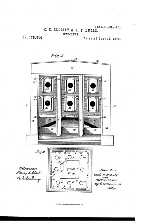 Patent drawing of a square wooden beehive divided into nine compartments over a shared pyramidal floor, showing a central removable brood chamber flanked by round-holed honey chambers, sliding knives, glass-fronted doors, and a peaked roof with metal ridge cap.