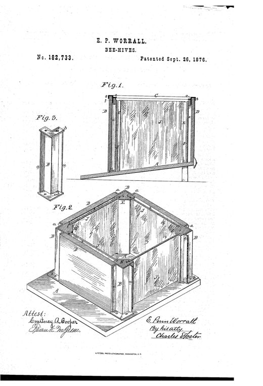 Patent drawing of a beehive with a metal top frame and corner standards holding glass side plates and detachable wooden side panels, shown in sectional, perspective, and detail views.