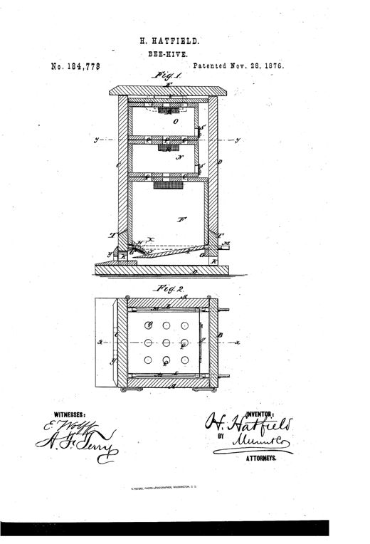 Patent drawing of a wooden beehive in cross-section showing stacked honey boxes labeled O and N above a larger main hive chamber F, with sloped bottom boards, side ventilators, and a horizontal sectional view below showing a grid of round bee-passage holes.