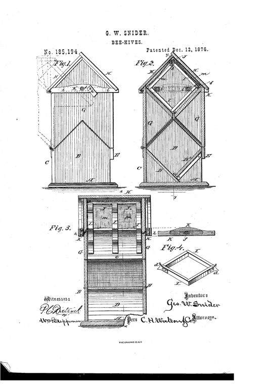 Patent drawing of a peaked wooden beehive showing side elevation, cross-sections revealing internal diamond-shaped frames arranged in an X pattern, and a detail of a single diamond frame with pronged feet.