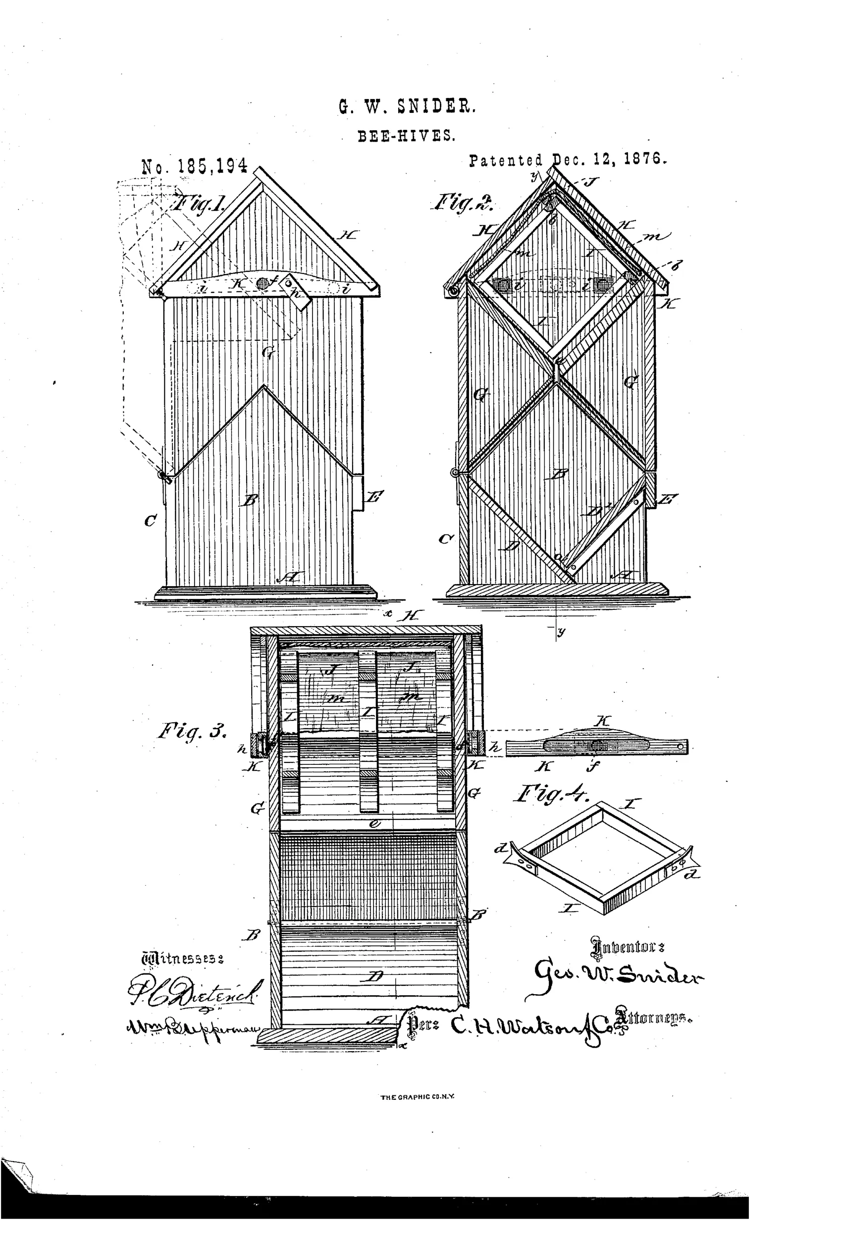 Patent drawing of a peaked wooden beehive showing side elevation, cross-sections revealing internal diamond-shaped frames arranged in an X pattern, and a detail of a single diamond frame with pronged feet.