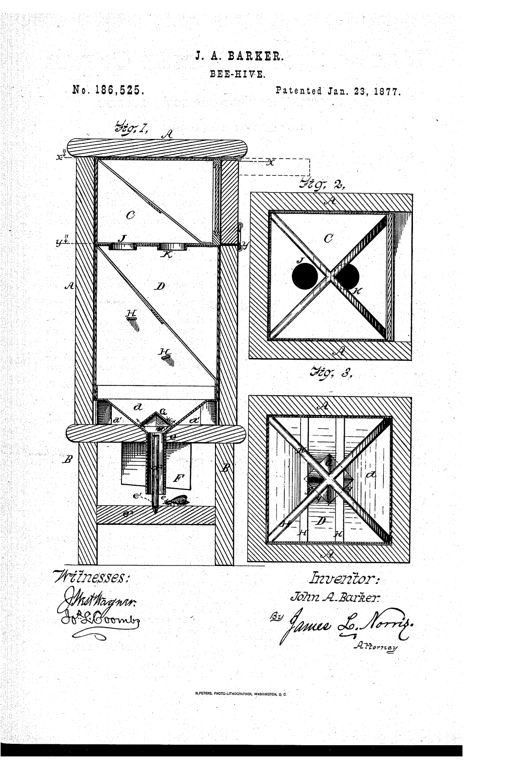 Patent drawing of a wooden bee-hive box shown in cross-section with internal metal chambers, cross-braced supports, and a narrow guarded entrance passage at the bottom, alongside two top-view diagrams of the upper and lower metal chambers.