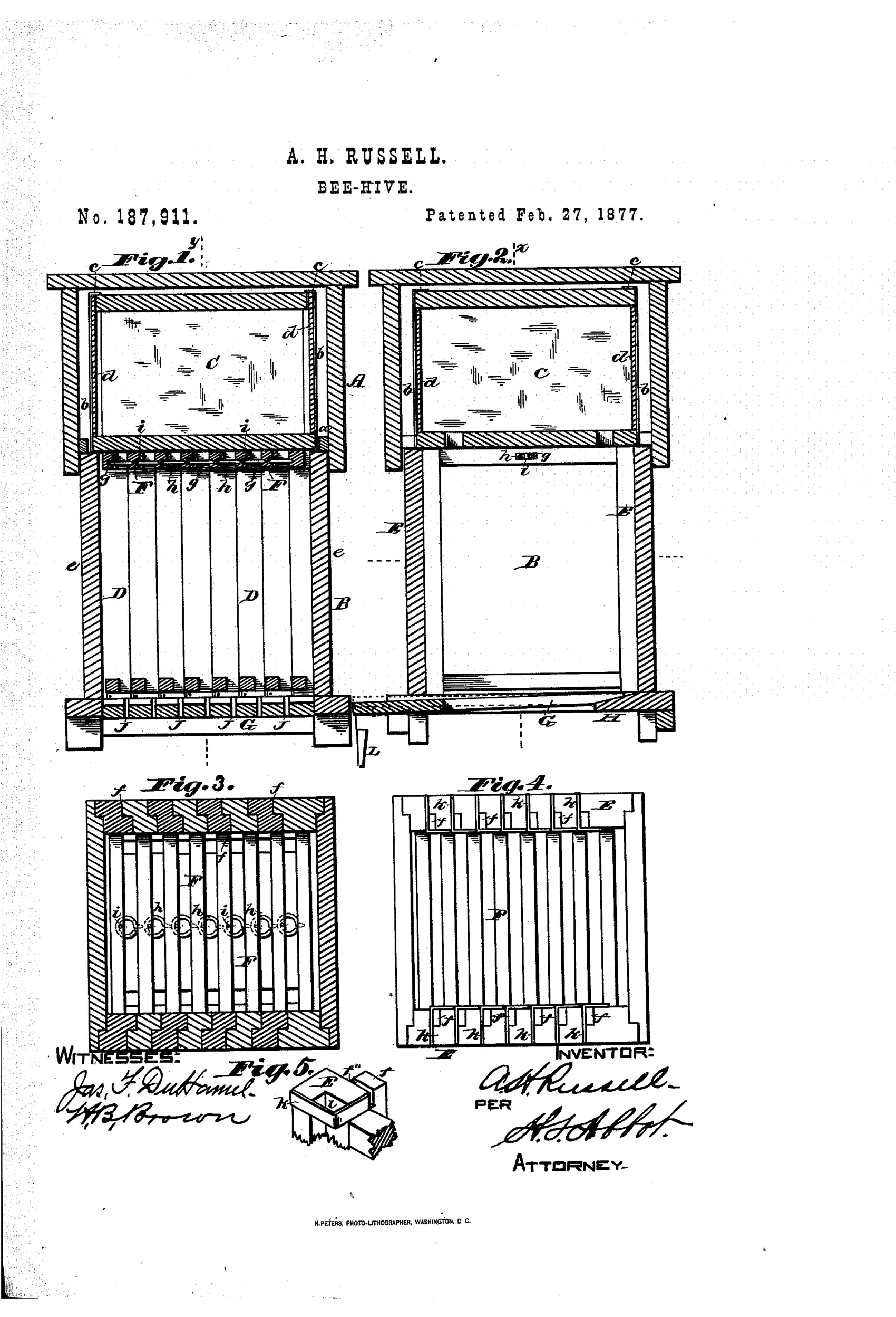 Patent drawing of a wooden bee-hive shown in cross-section with a glass-sided honey box in the top cover and a row of vertical interlocking comb-frames in the lower body, alongside detail views of the frames' top and bottom edges and a small perspective sketch of a corner joint with tongue and socket.
