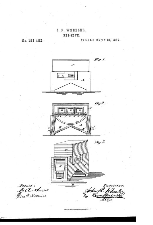 Patent drawing of a wooden bee-hive showing a side elevation, an internal cross-section with bent comb-support bows over a double-sloped floor, and a perspective view with a sliding glass observation panel and stacked honey-boxes under a removable cover.