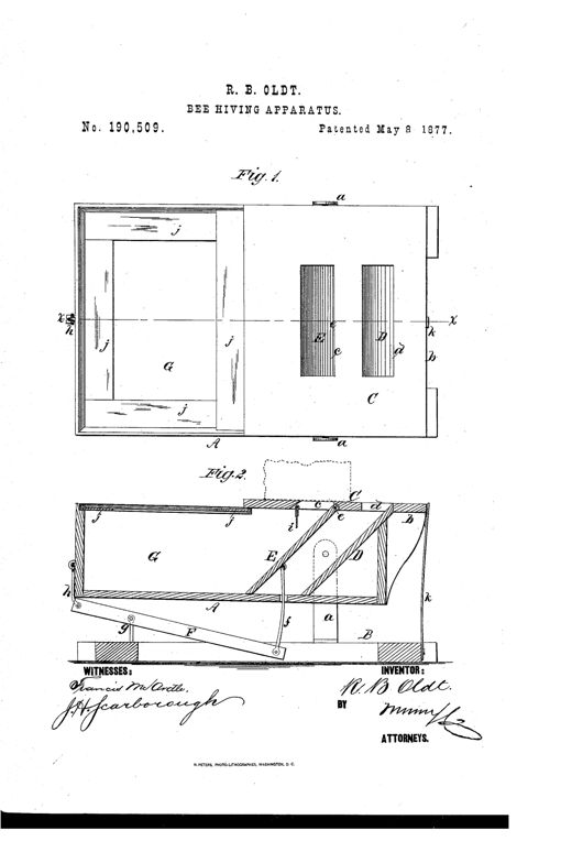 Patent drawing showing a rectangular hive casing with a queen-yard, two inclined steps, a hinged lever and spring mechanism, and a side sectional view showing the pivoted tipping action.