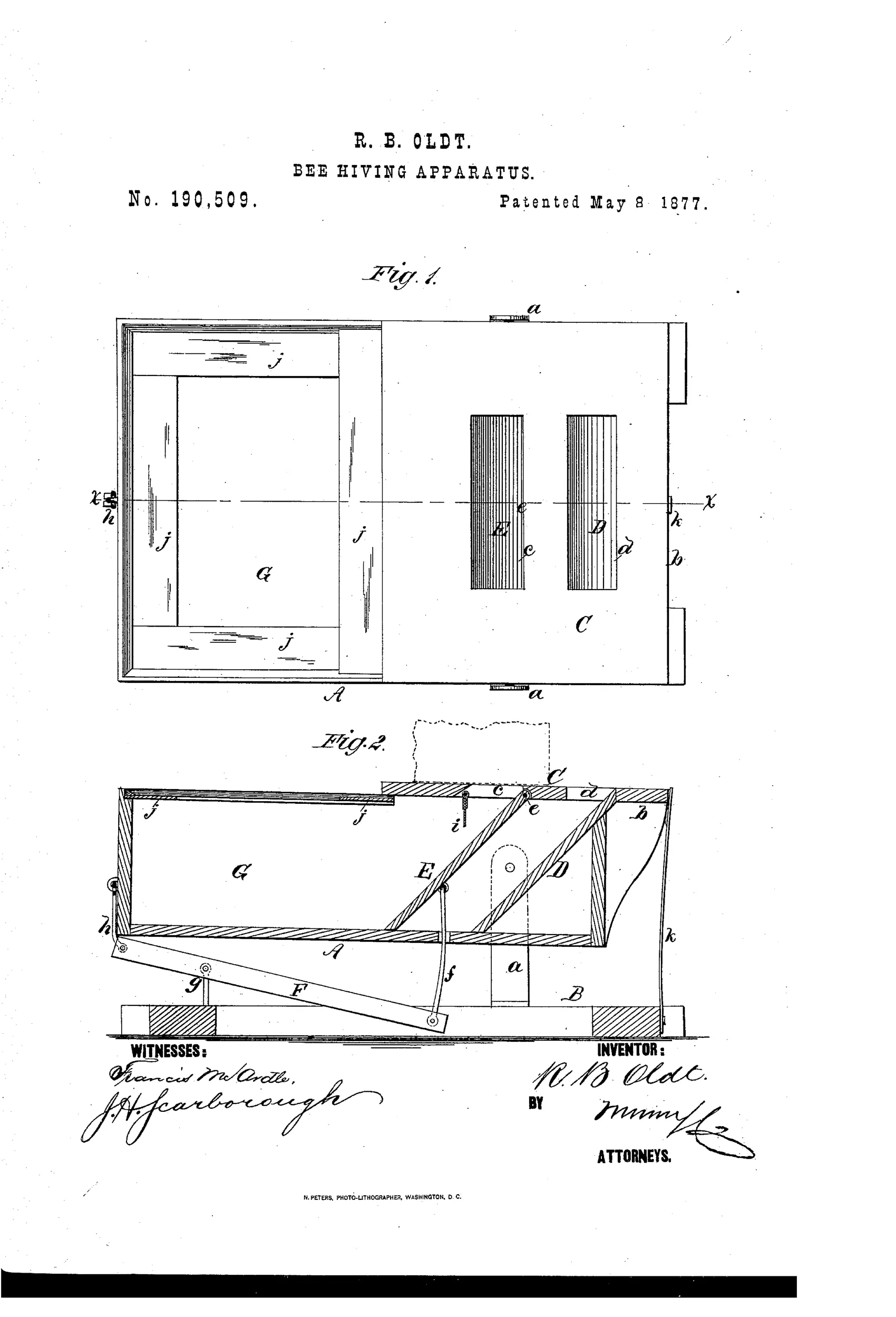 Patent drawing showing a rectangular hive casing with a queen-yard, two inclined steps, a hinged lever and spring mechanism, and a side sectional view showing the pivoted tipping action.