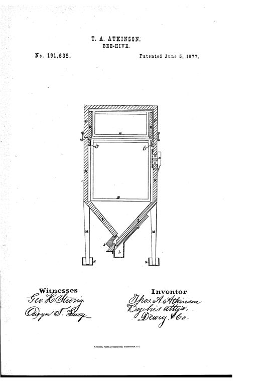 A vertical cross-section drawing of a wooden bee-hive box with an upper glazed super containing frames, a lower brood chamber with hanging frames, a V-shaped sloping floor leading to a narrow center entrance flanked by grooved blocks, drain tubes descending to a trough below, and the whole structure standing on four legs set into small water-filled cups.