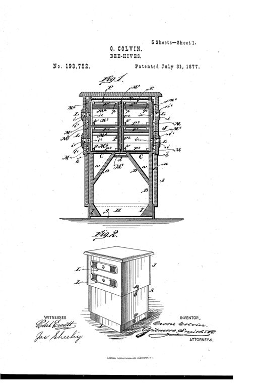 An exploded and sectional patent drawing of a wooden bee-hive showing the outer casing, inner brood chamber with inclined partitions, stacked honey-box cases with wire-gauze vents and pivoting buttons, and the wooden forms or formers used to assemble each part.