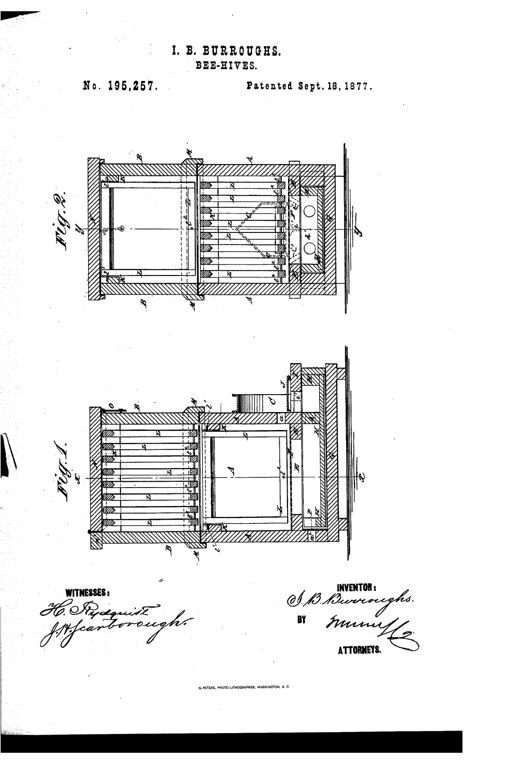 Two technical line drawings show cross-section views of a wooden bee-hive with internal movable comb-frames, a lower brood section, an upper section, and a sliding drawer beneath a slotted platform near the entrance, all labeled with reference letters.