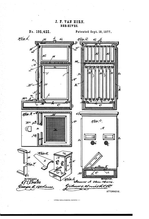 Patent drawing showing four sectional views of a wooden beehive with removable frames, a perforated honey-board, sliding bottom with alighting board, glass observation windows, and small perspective details of the frame hardware and wax-cutter.