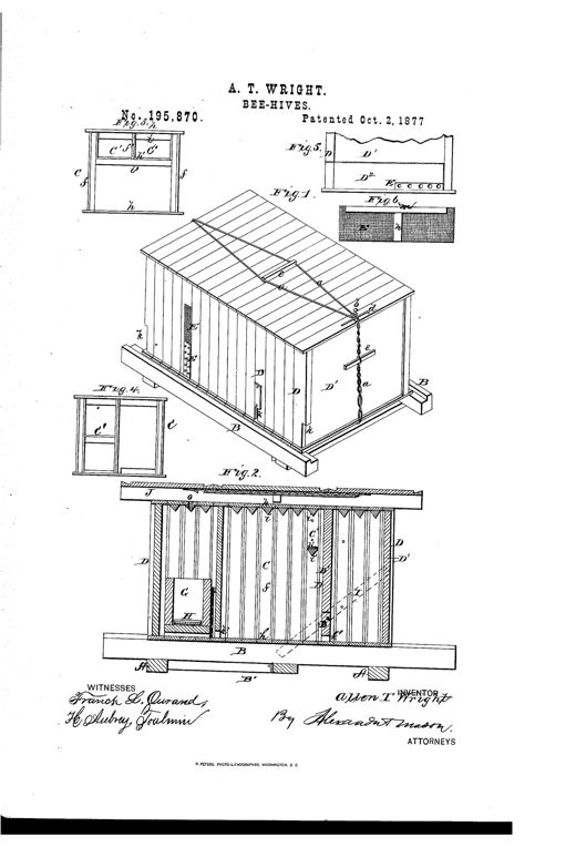 Isometric line drawing of a rectangular wooden bee-hive with a peaked roof, a cord and spring-catch fastening system wrapped around it, and labeled internal frames, end boards, and entrance notches, accompanied by smaller detail drawings of individual comb frames and a screen insert.