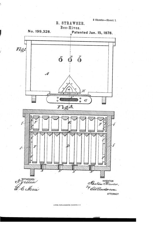 Patent drawing of a wooden bee-hive showing a front elevation with an entrance platform and miller-box below, a longitudinal section with rows of comb-frames labeled D and E, a cross-section detailing the miller trap and bee-perch, and a perspective view of an end comb-frame with a separated back wall.
