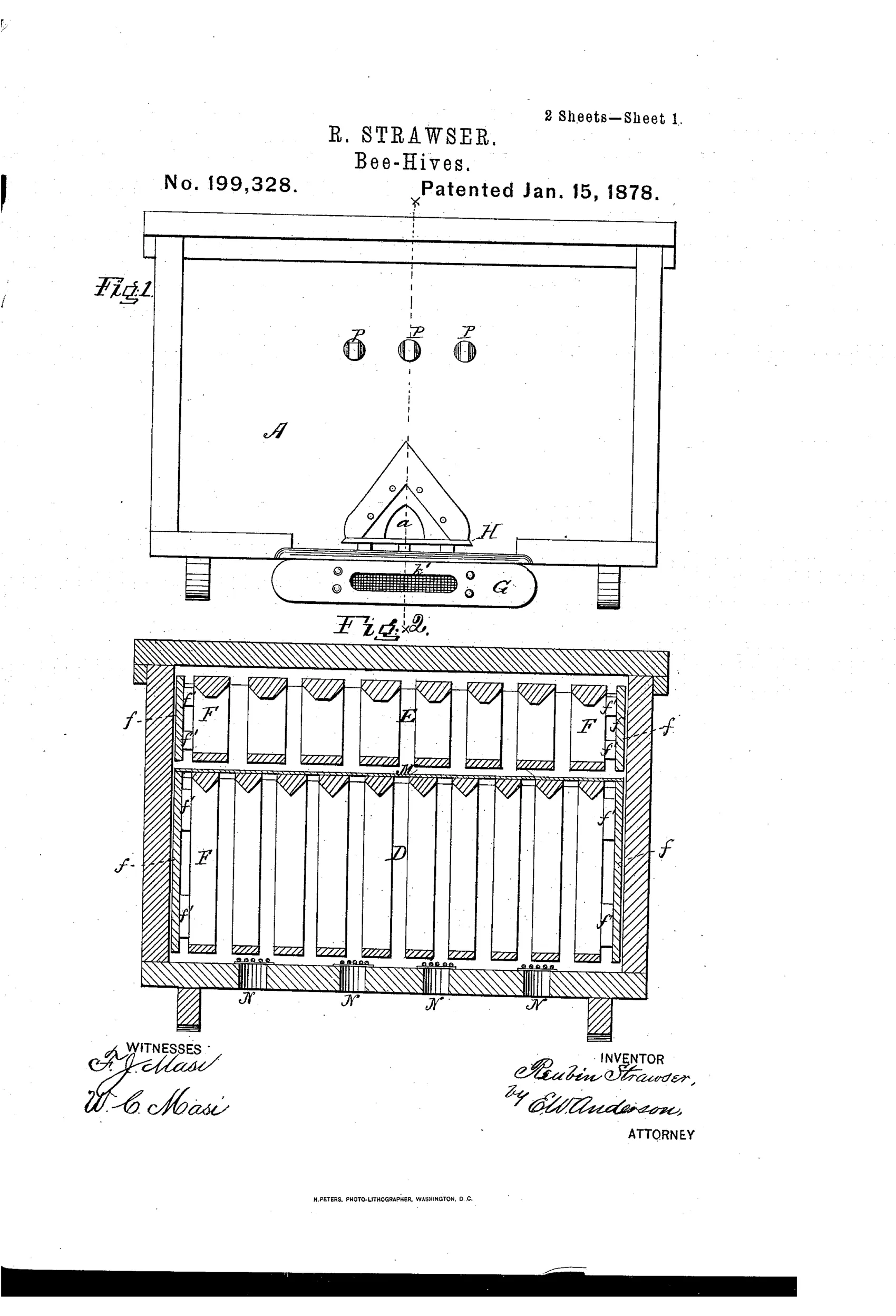 Patent drawing of a wooden bee-hive showing a front elevation with an entrance platform and miller-box below, a longitudinal section with rows of comb-frames labeled D and E, a cross-section detailing the miller trap and bee-perch, and a perspective view of an end comb-frame with a separated back wall.