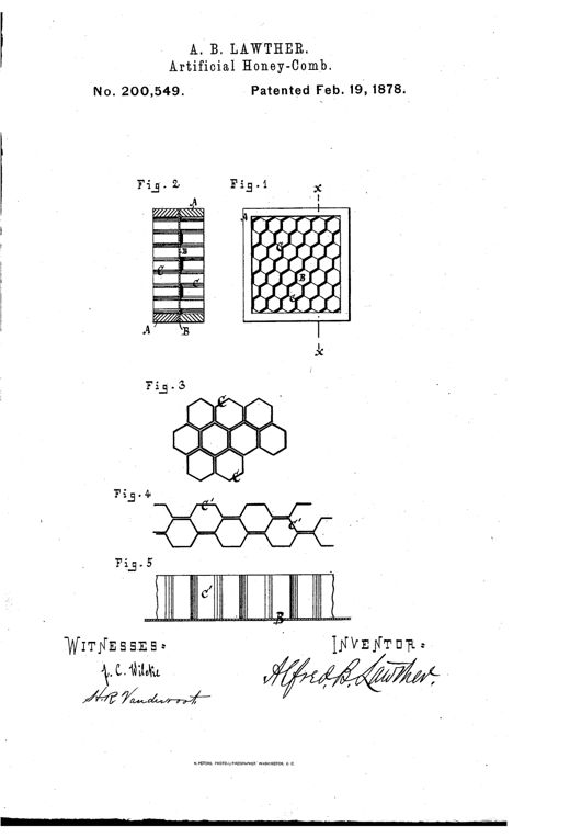 Patent drawing showing a square wooden frame filled with rows of hexagonal paper cells (Fig. 1), a cross-section revealing the double frame and web (Fig. 2), enlarged hexagon cell clusters (Fig. 3), and corrugated sheet cell variations (Figs. 4 and 5).