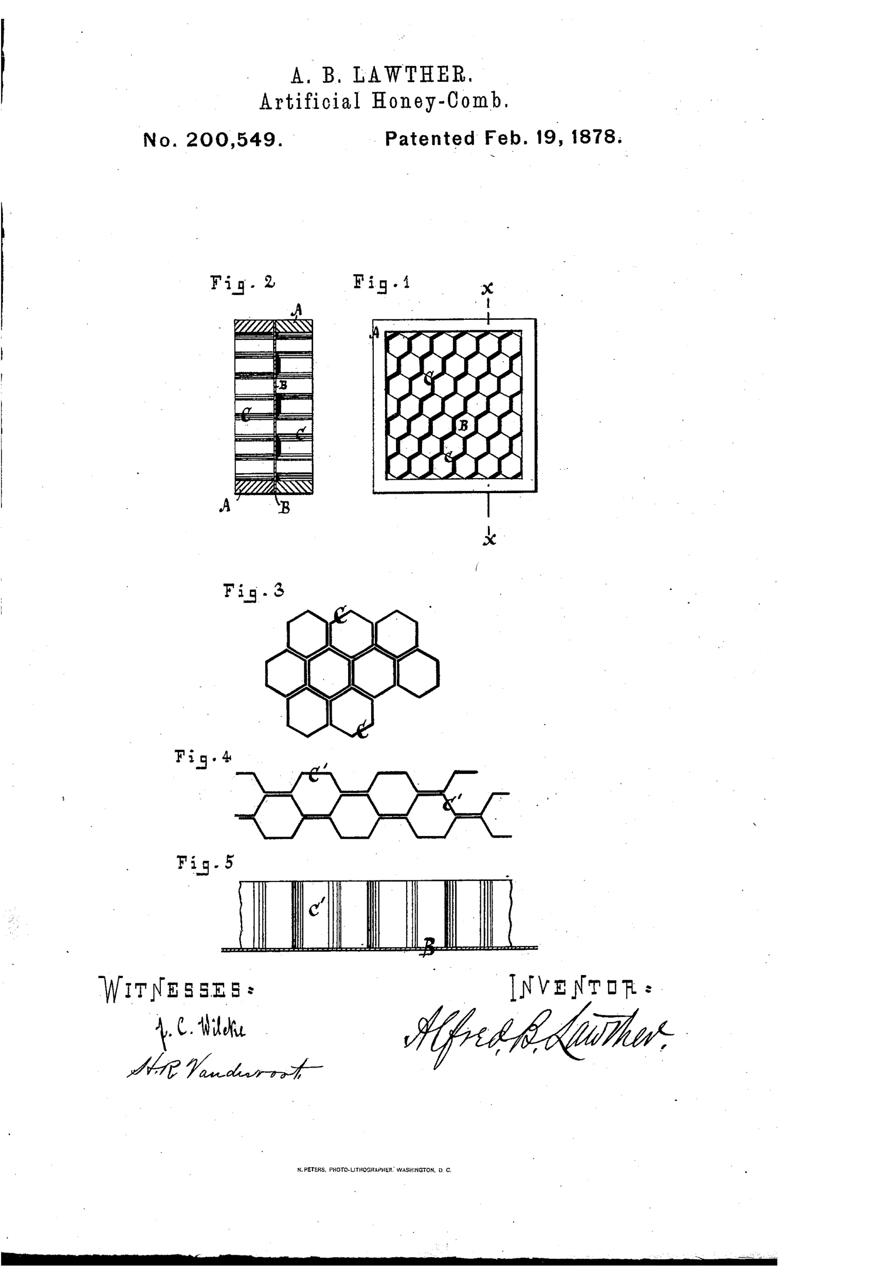 Patent drawing showing a square wooden frame filled with rows of hexagonal paper cells (Fig. 1), a cross-section revealing the double frame and web (Fig. 2), enlarged hexagon cell clusters (Fig. 3), and corrugated sheet cell variations (Figs. 4 and 5).