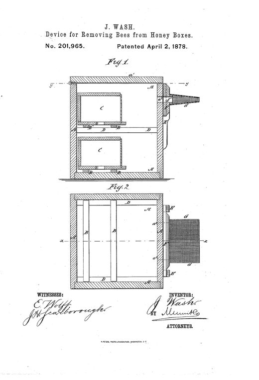 Patent drawing showing a wooden box with two stacked honey-box compartments on internal bars, a slotted side panel, and a tapering wire-gauze funnel tube projecting outward for bees to exit.