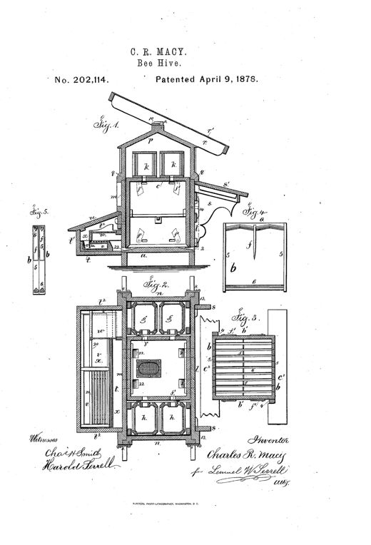 Patent drawing showing a peaked-roof wooden beehive in vertical and plan sections, with labeled interior frames, honey-boxes, a feeding trough, and a separate detailed frame with zigzag cross-bars and a central tongue.