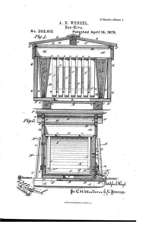 Patent line drawings of a wooden bee-hive shown in vertical section with a peaked roof, comb-frames hanging inside a rectangular brood chamber, sliding front door with entrance holes, and detailed corner hardware including angular catches and dovetailed joints.