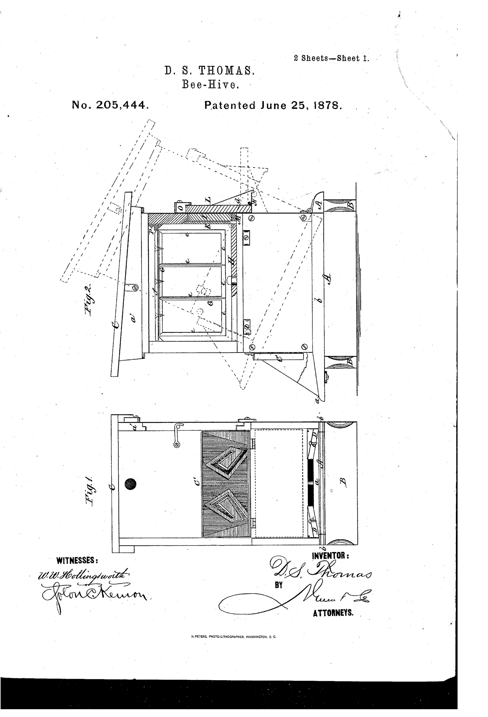 Patent drawing of a wooden bee-hive on a bench base, showing a hinged front moth-trap board with grooves, triangular entrance-closing blocks, comb-frames inside, and a rear elevation with a hinged alighting-board door.