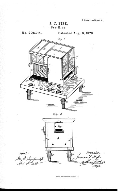 Patent drawing of a wooden bee-hive raised on peg-like legs over a slotted table, showing internal brood-chamber frames, side honey-boxes, and a front door with a circular revolving shutter mechanism.