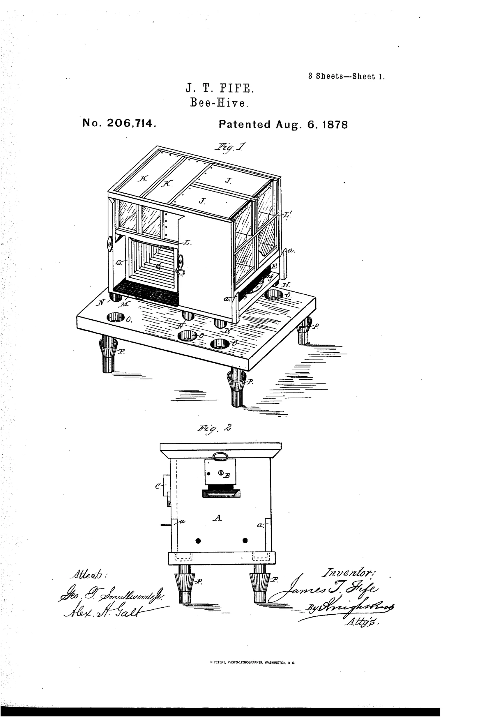 Patent drawing of a wooden bee-hive raised on peg-like legs over a slotted table, showing internal brood-chamber frames, side honey-boxes, and a front door with a circular revolving shutter mechanism.