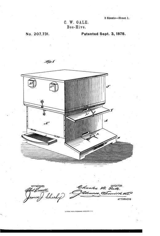 An exploded perspective drawing of a wooden beehive box with a hinged alighting board, latched cap, screened front panel, and a sliding drawer beneath the brood chamber, alongside detailed sectional views of internal comb-frames and a ventilator cap.