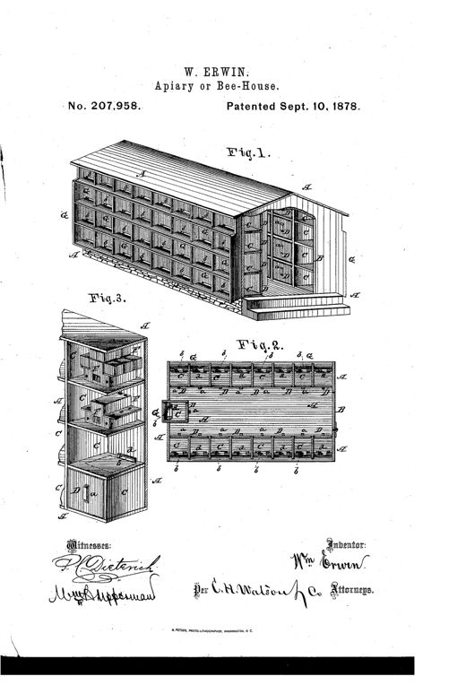 An isometric line drawing of a long wooden bee-house with a gabled roof, its side wall removed to reveal four stacked rows of small hive compartments, each with its own door, handle, and bee entrance, alongside a plan view and a close-up perspective of individual pocket compartments.