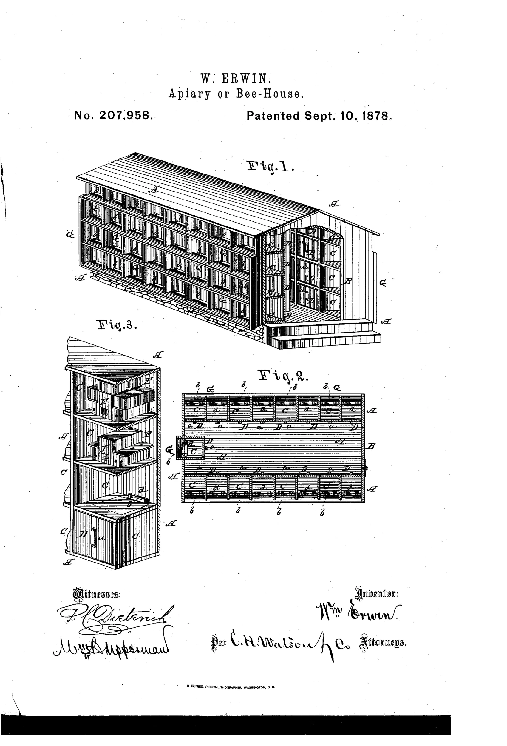 An isometric line drawing of a long wooden bee-house with a gabled roof, its side wall removed to reveal four stacked rows of small hive compartments, each with its own door, handle, and bee entrance, alongside a plan view and a close-up perspective of individual pocket compartments.