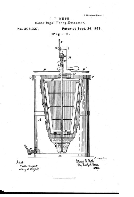 Patent drawing of a cylindrical honey-extractor tank with a crank-operated central shaft turning an inclined wire-mesh basket that holds honeycomb frames, with a discharge faucet at the base.