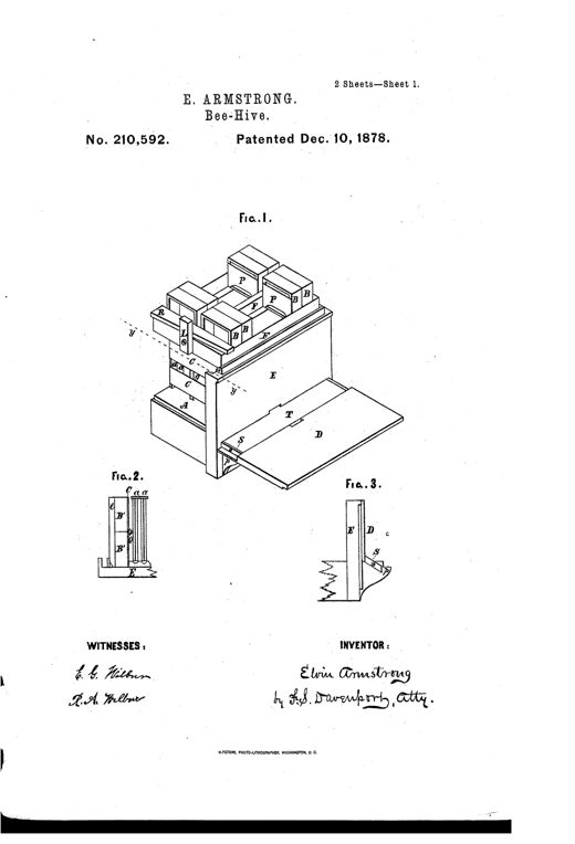 Patent drawing of a wooden bee-hive shown in perspective with stacked honey-boxes on top, a hinged front alighting-platform lowered, and detail views of the clamping rack, separators, and button mechanism.
