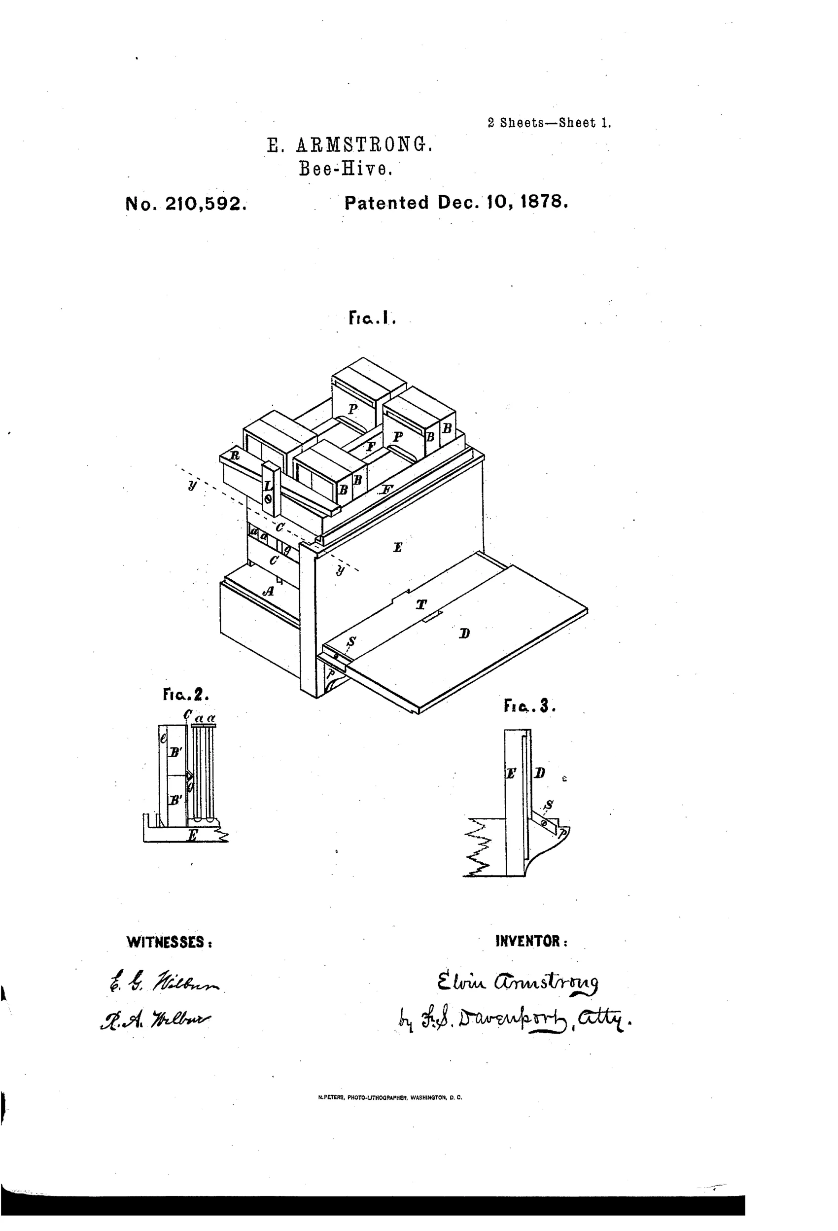 Patent drawing of a wooden bee-hive shown in perspective with stacked honey-boxes on top, a hinged front alighting-platform lowered, and detail views of the clamping rack, separators, and button mechanism.