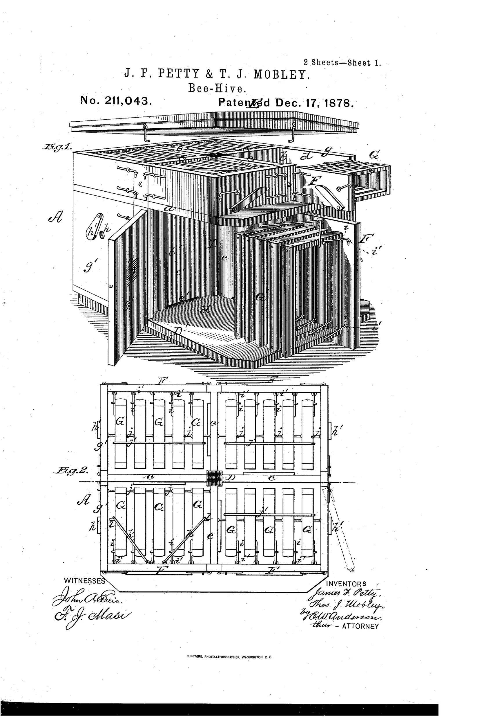 Exploded perspective drawing of a wooden multi-compartment beehive with a double-pitched roof, hinged doors with gauze vents, rows of hanging comb frames, and a central ventilating shaft, accompanied by sectional drawings showing the internal frame layout.